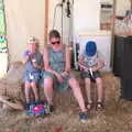 Isobel and the boys sit on bales, WoW Festival, Burston, Norfolk - 29th June - 1st July 2018