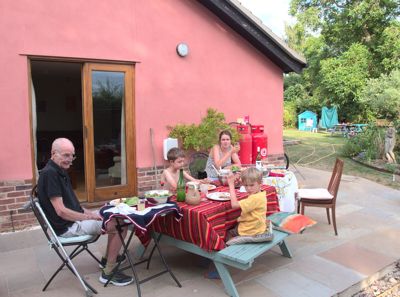 RAF 100 Flypast and Sing Tong, Diss, Norfolk - 7th July 2018: Grandad's over for tea on the patio