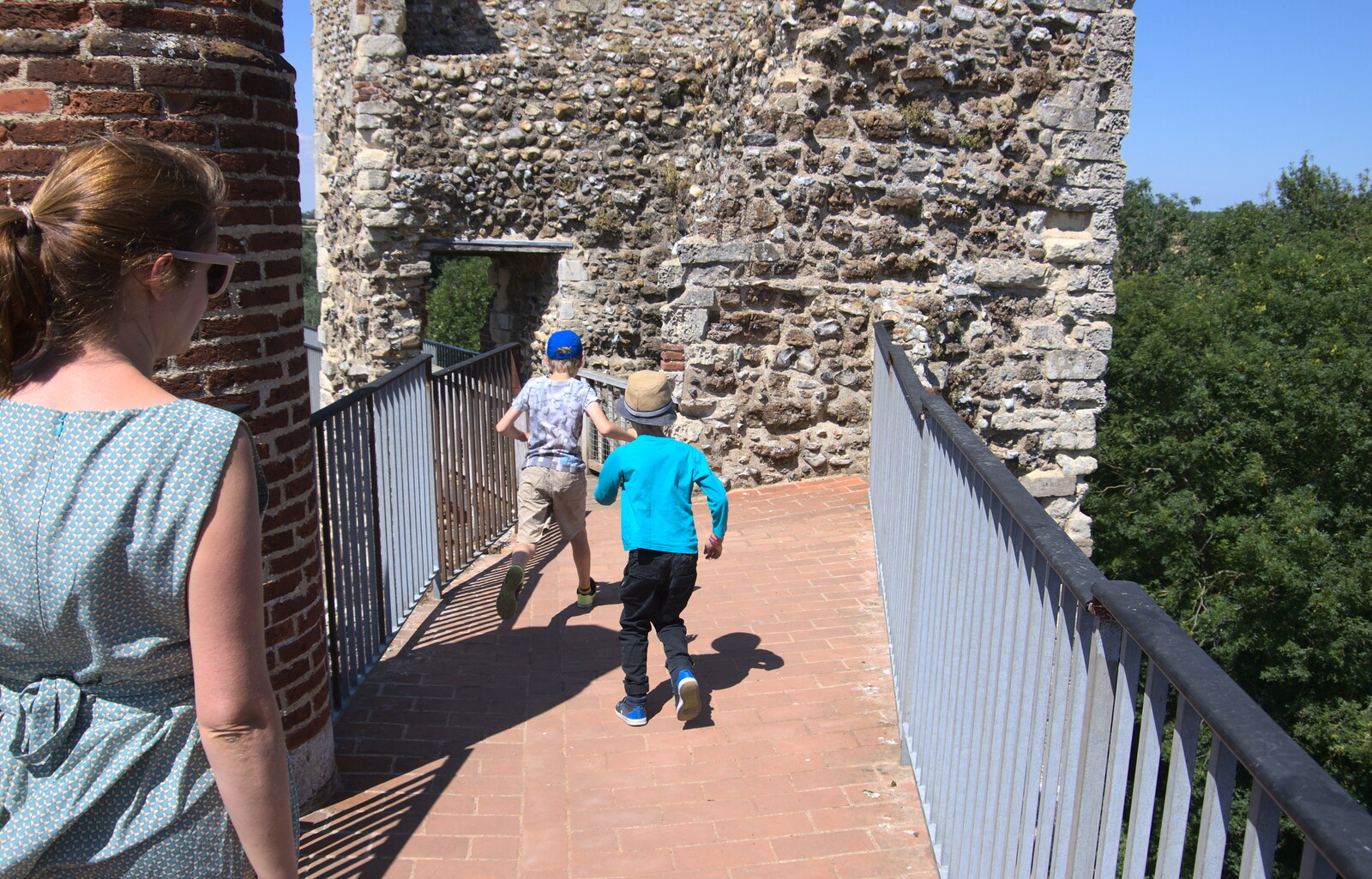 The boys run around on the ramparts from A Postcard from the Castle on the Hill, Framlingham, Suffolk - 14th July 2018