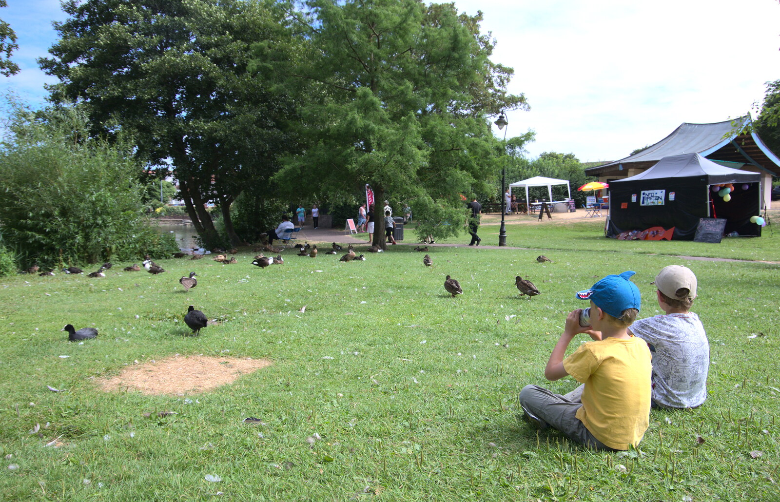 The boys sit with the ducks from Diss Fest, The Park, Diss, Norfolk - 22nd July 2018