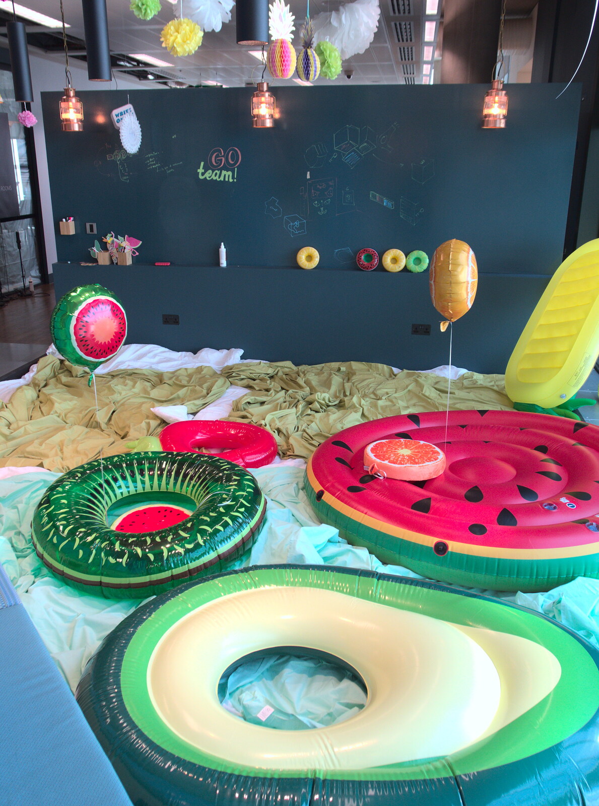 Inflatables in a sunken lounge in the office from The BSCC at The Crown and Hot Summer Days, Diss, Pulham and London - 24th July 2018