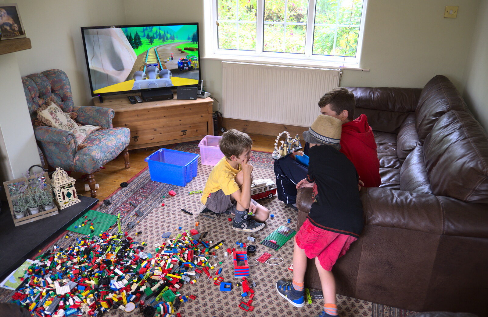 The boys destroy the lounge with Lego from A Barbeque at Sean's, Walkford, Dorset - 28th July 2018