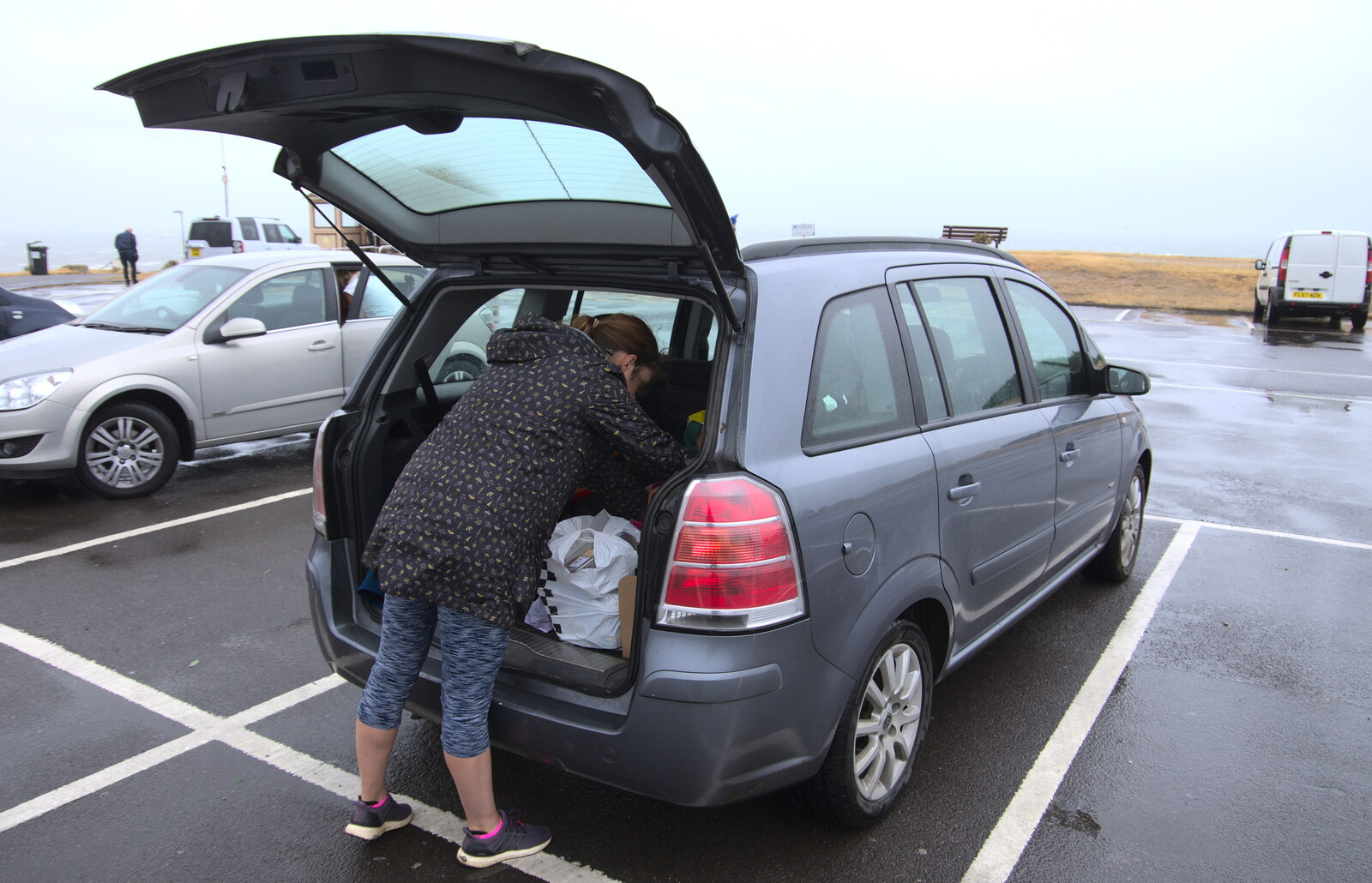 Isobel gets stuff out of the car boot from Blustery Beach Trips, Walkford and Highcliffe, Dorset - 29th July 2018