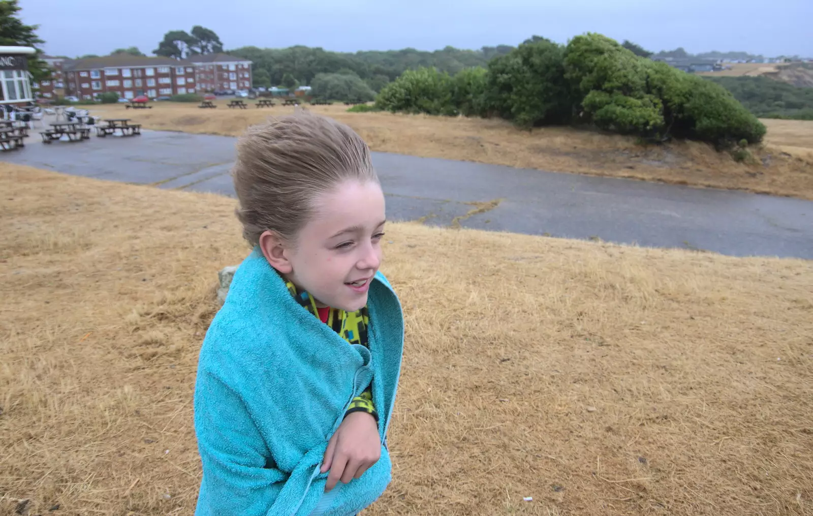 Fred's hair is whipped back by the wind, from Blustery Beach Trips, Walkford and Highcliffe, Dorset - 29th July 2018