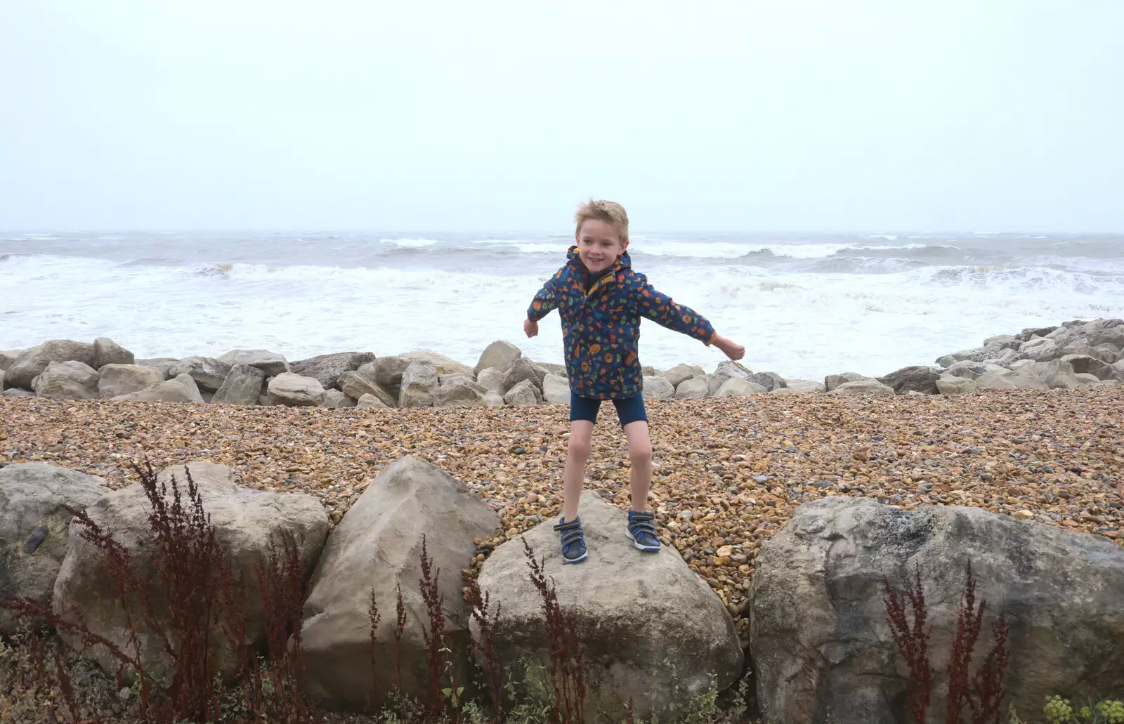 Harry stands on a rock and gets blown around, from Blustery Beach Trips, Walkford and Highcliffe, Dorset - 29th July 2018