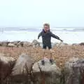 Harry stands on a rock and gets blown around, Blustery Beach Trips, Walkford and Highcliffe, Dorset - 29th July 2018