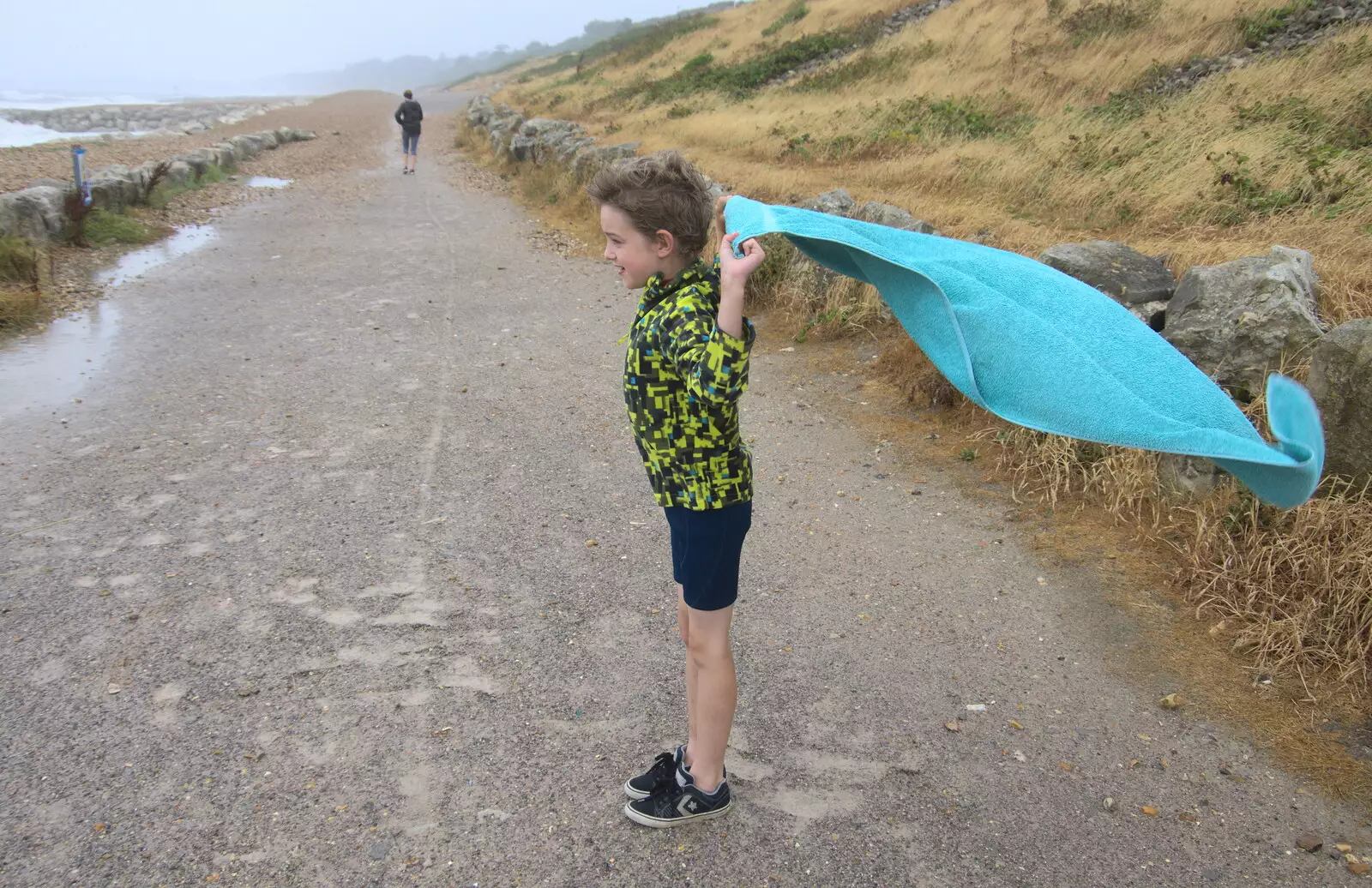 Fred gets his towel flying like a cape, from Blustery Beach Trips, Walkford and Highcliffe, Dorset - 29th July 2018