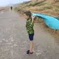 Fred gets his towel flying like a cape, Blustery Beach Trips, Walkford and Highcliffe, Dorset - 29th July 2018