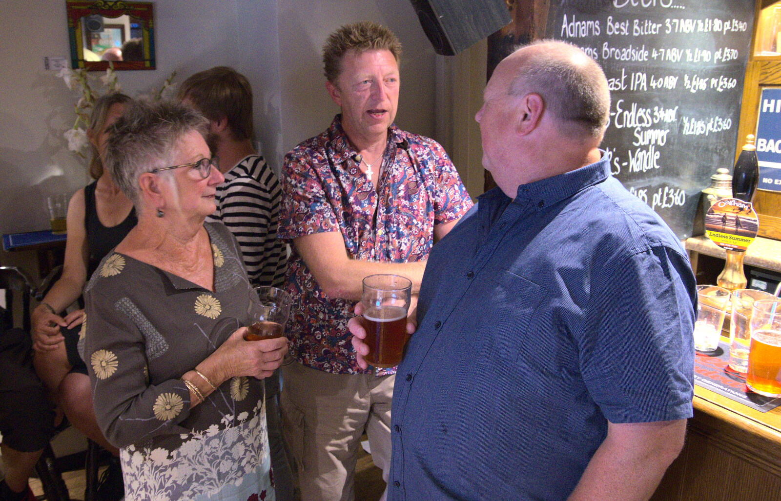 Sandie, Gaz and John have a beer from The Whiskey Shivers at The Crown, Burston, Norfolk - 1st August 2018