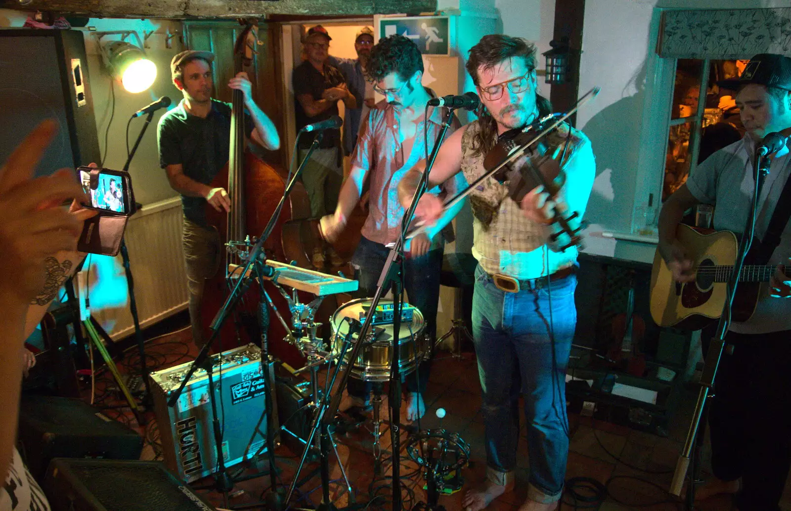 The band is filmed by mobile phone, from The Whiskey Shivers at The Crown, Burston, Norfolk - 1st August 2018