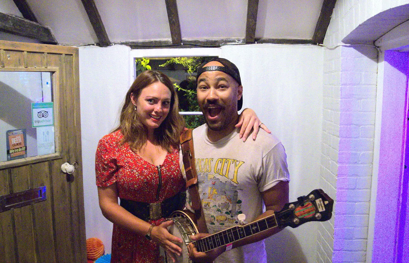 Banjo player James Bookert, with a super-fan, from The Whiskey Shivers at The Crown, Burston, Norfolk - 1st August 2018