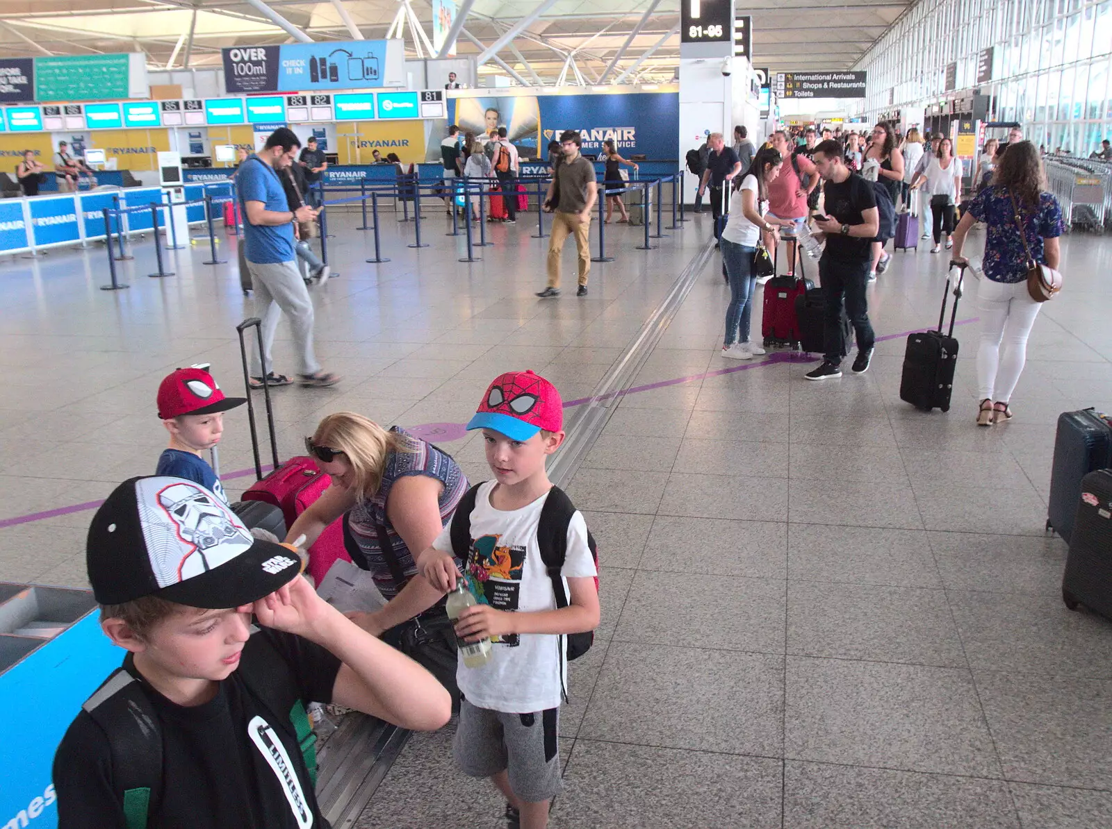 The boys at Stansted Airport, from A Trip to Da Gorls, Monkstown Farm, County Dublin, Ireland - 4th August 2018