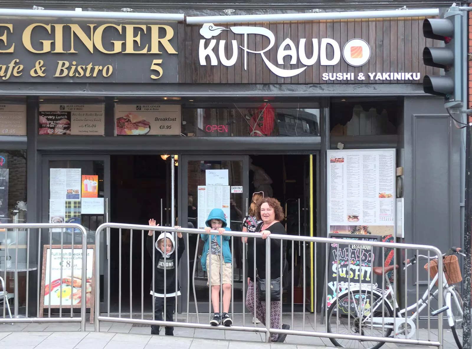 The boys and Louise outside Kuraudo restaurant, from A Trip to Da Gorls, Monkstown Farm, County Dublin, Ireland - 4th August 2018