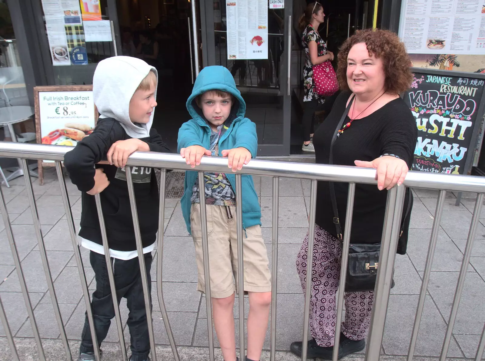 The boys hang off a railing, from A Trip to Da Gorls, Monkstown Farm, County Dublin, Ireland - 4th August 2018