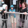 The boys hang off a railing, A Trip to Da Gorls, Monkstown Farm, County Dublin, Ireland - 4th August 2018