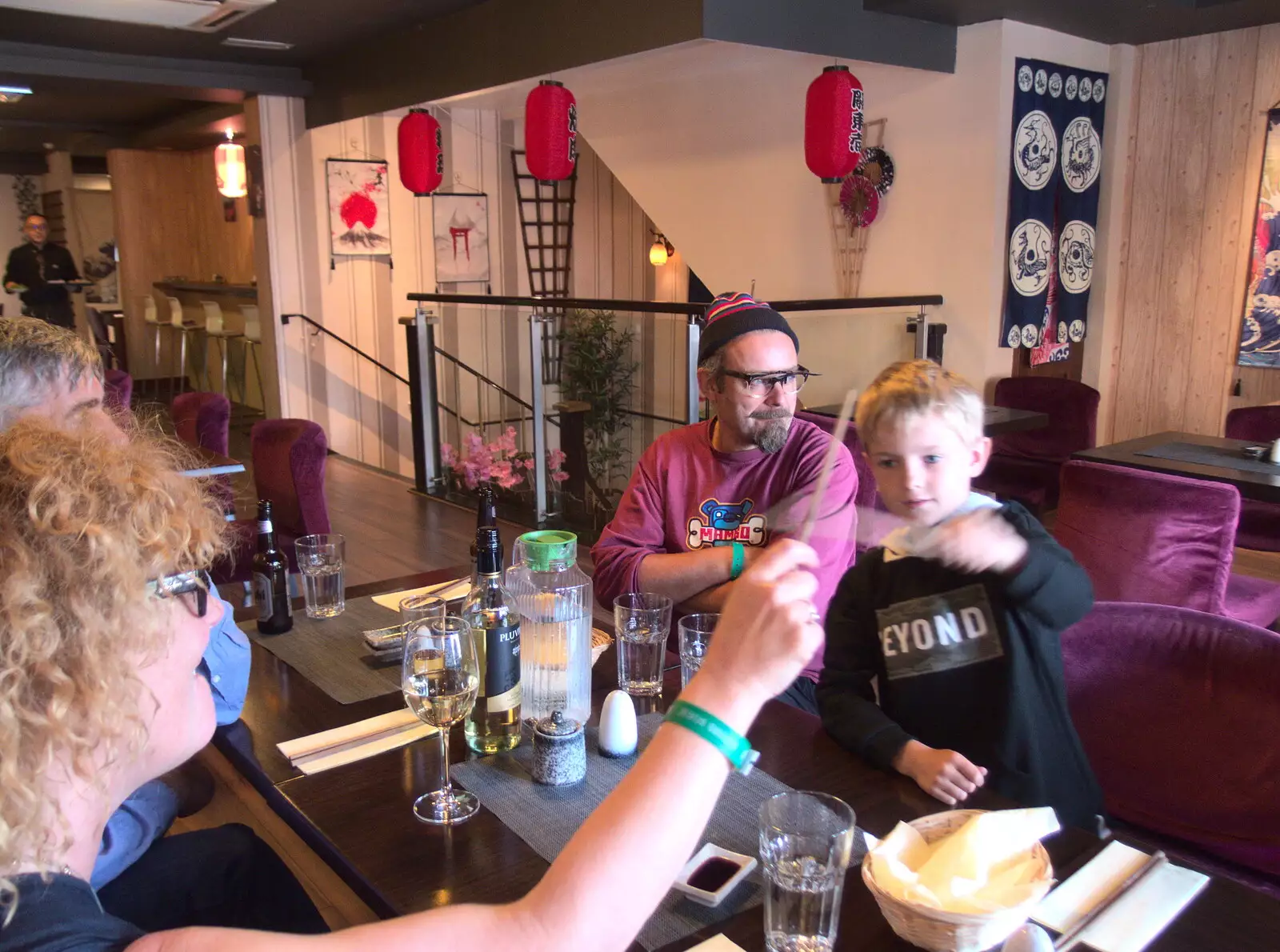 Caro and Harry have a chopstick fight, from A Trip to Da Gorls, Monkstown Farm, County Dublin, Ireland - 4th August 2018