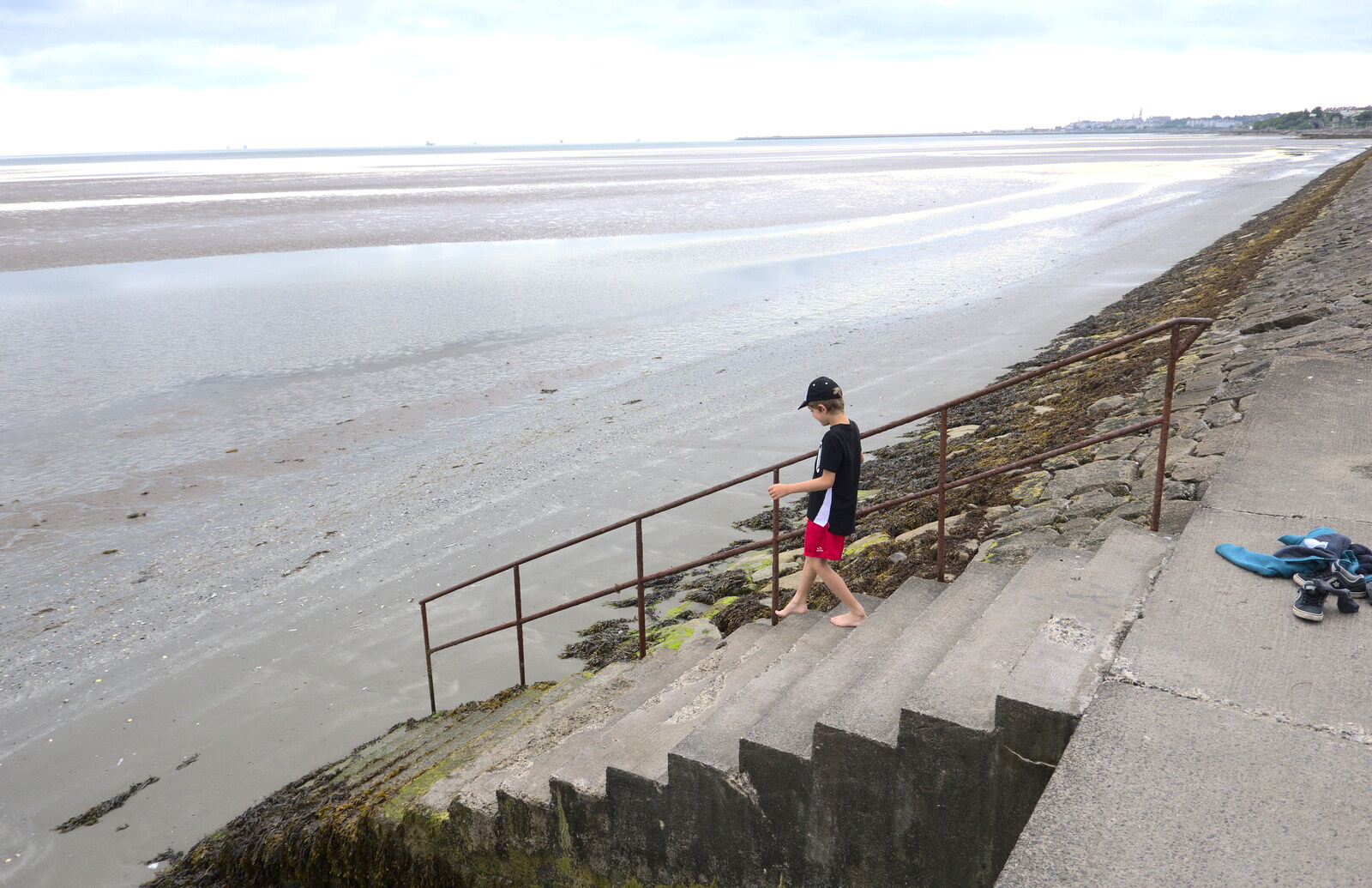 Fred walks down the steps to the mudflats from A Trip to Da Gorls, Monkstown Farm, County Dublin, Ireland - 4th August 2018