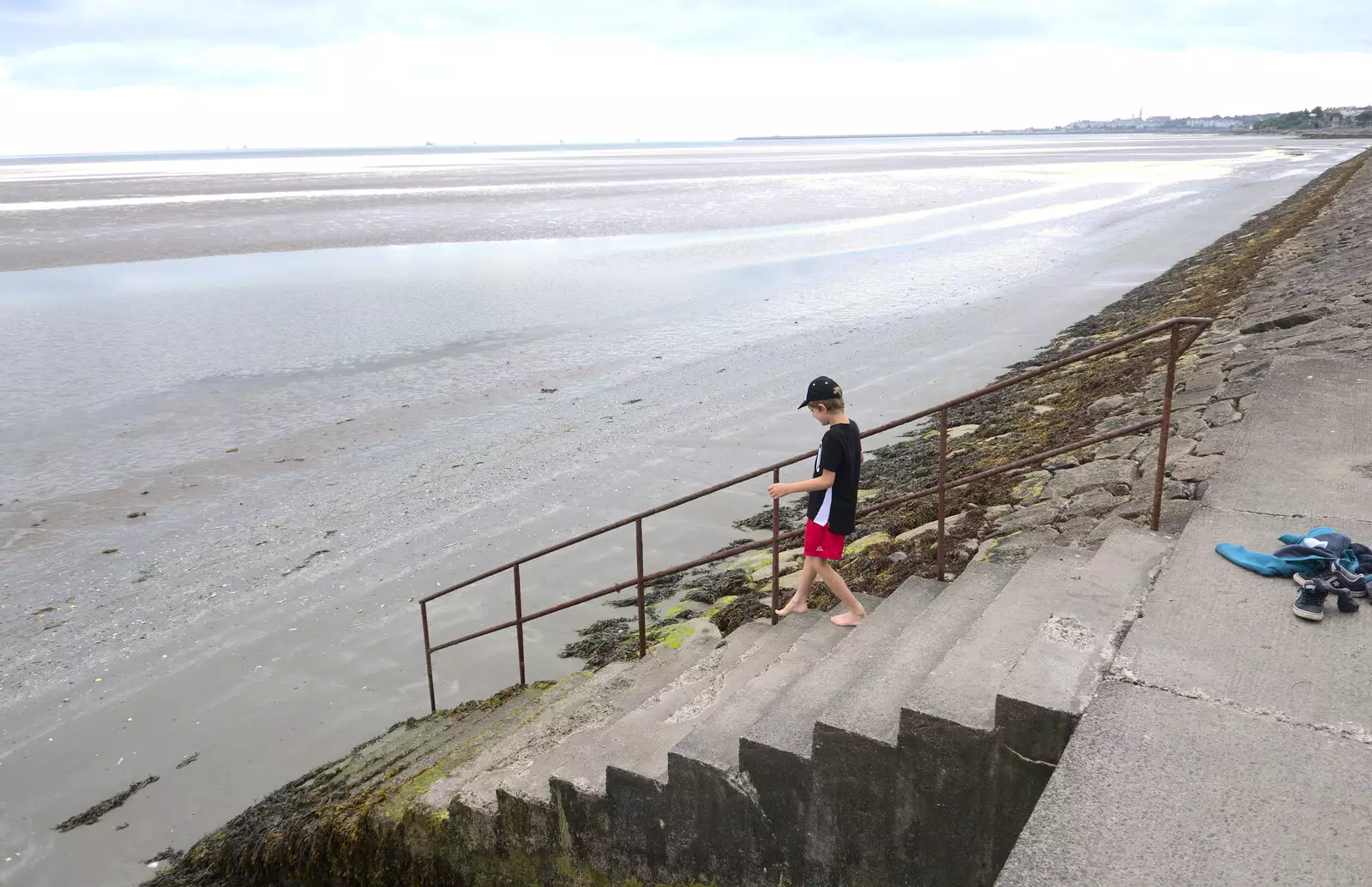 Fred walks down the steps to the mudflats, from A Trip to Da Gorls, Monkstown Farm, County Dublin, Ireland - 4th August 2018