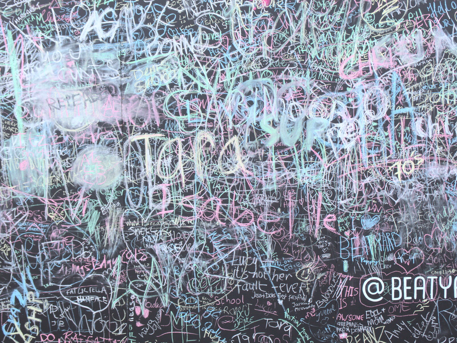A blackboard is covered in chalk randomness from Beatyard Festival, Dún Laoghaire, County Dublin, Ireland - 5th August 2018