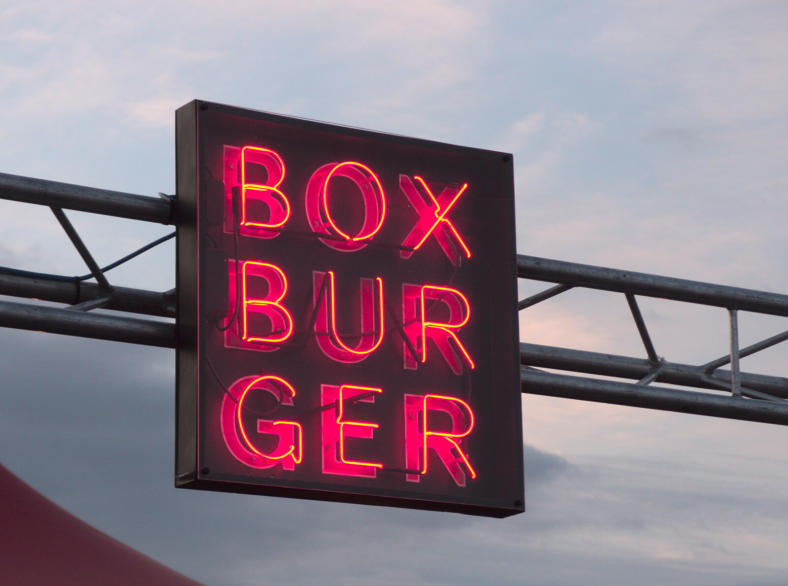Box Burger's neon sign from Beatyard Festival, Dún Laoghaire, County Dublin, Ireland - 5th August 2018