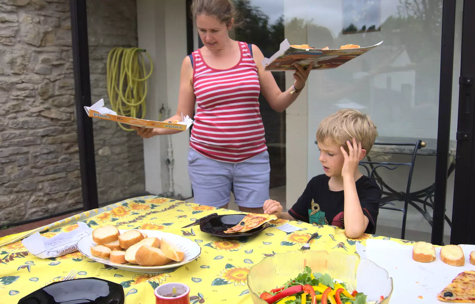 We have left-over pizza for lunch, from Abbaye Sainte-Marie de Lagrasse and The Lac de la Cavayère, Aude, France - 10th August