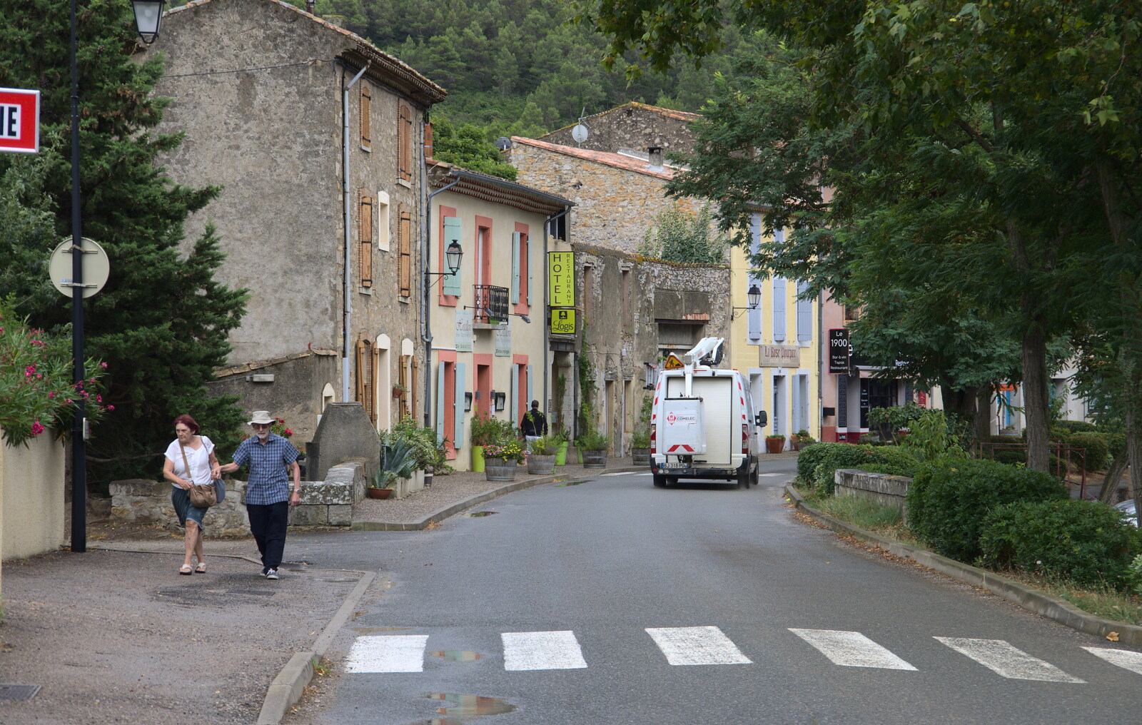 The town of Lagrasse from Abbaye Sainte-Marie de Lagrasse and The Lac de la Cavayère, Aude, France - 10th August