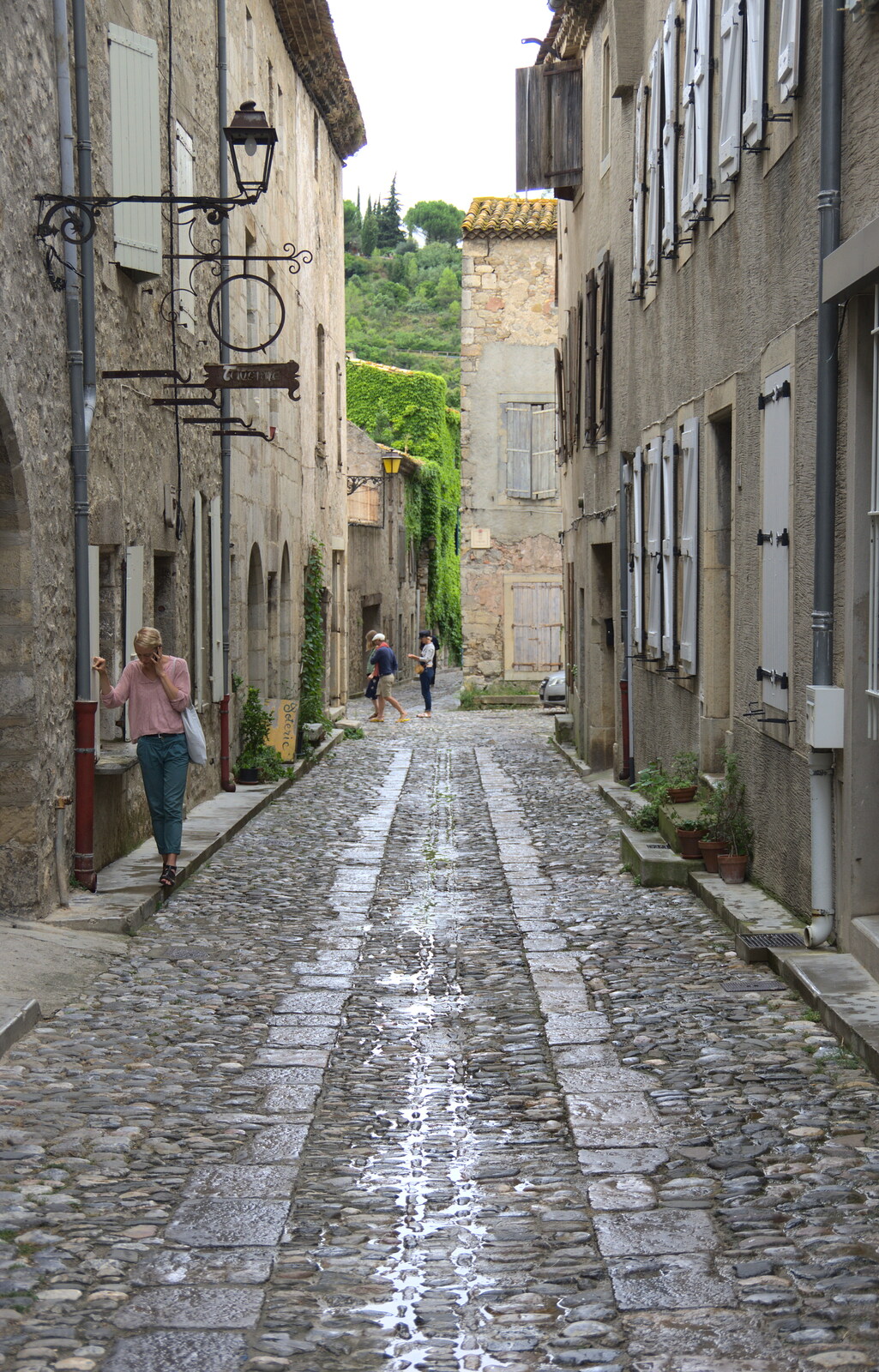 A cobbled back street from Abbaye Sainte-Marie de Lagrasse and The Lac de la Cavayère, Aude, France - 10th August