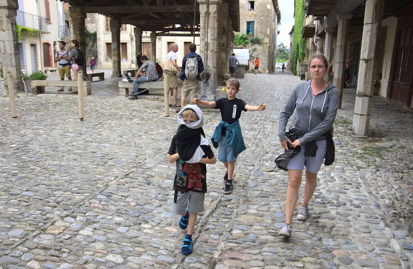 The gang walk the cobbled streets of Lagrasse, from Abbaye Sainte-Marie de Lagrasse and The Lac de la Cavayère, Aude, France - 10th August