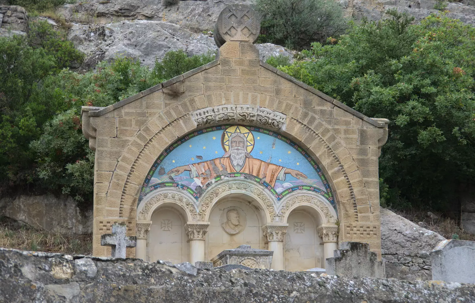 Harry spots a door into the mountain with God on it, from Abbaye Sainte-Marie de Lagrasse and The Lac de la Cavayère, Aude, France - 10th August