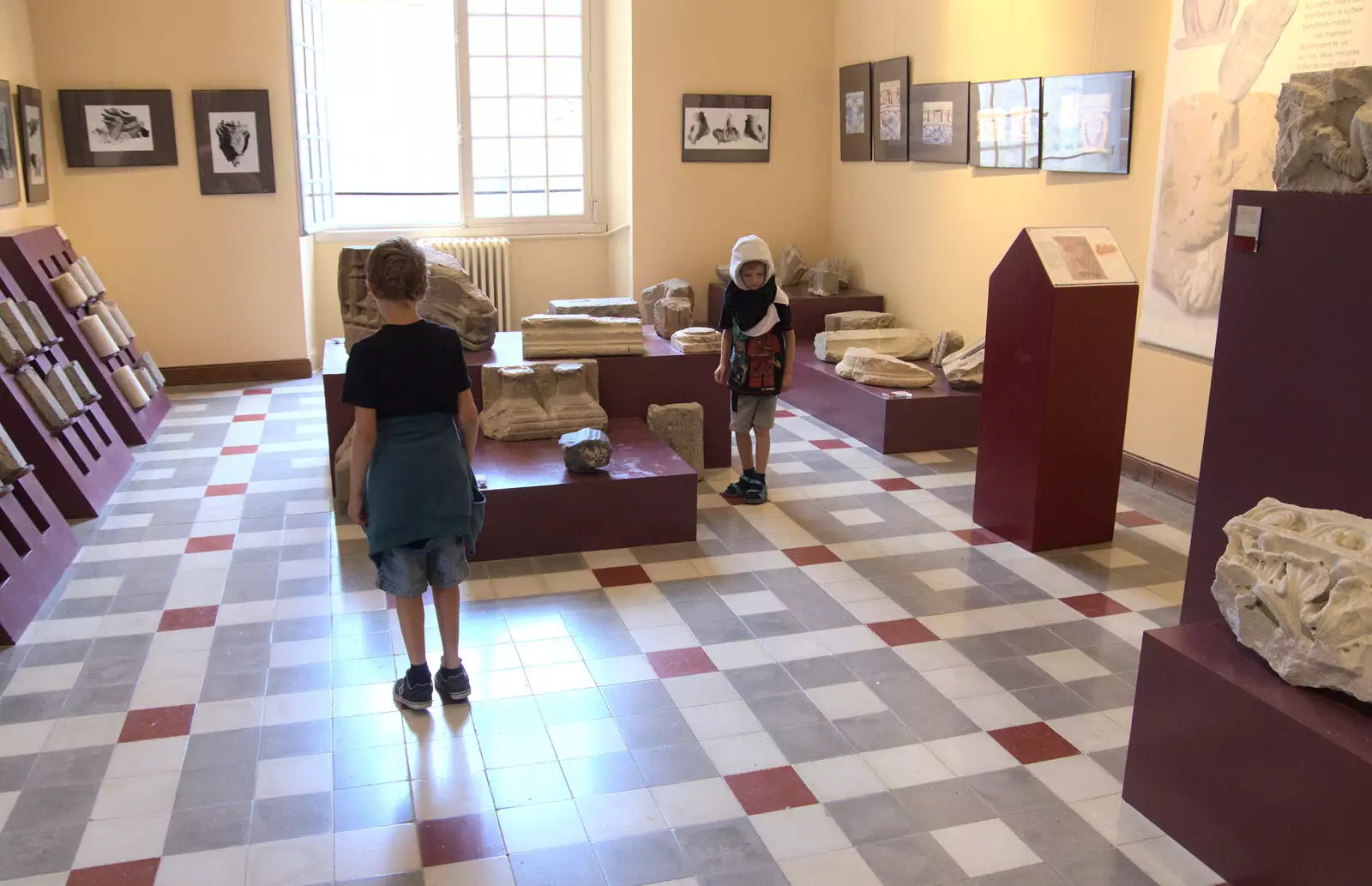 The boys look at exhibits, from Abbaye Sainte-Marie de Lagrasse and The Lac de la Cavayère, Aude, France - 10th August