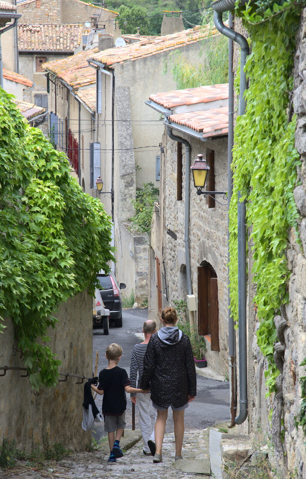 Walking down some steep cobbled streets from Abbaye Sainte-Marie de Lagrasse and The Lac de la Cavayère, Aude, France - 10th August