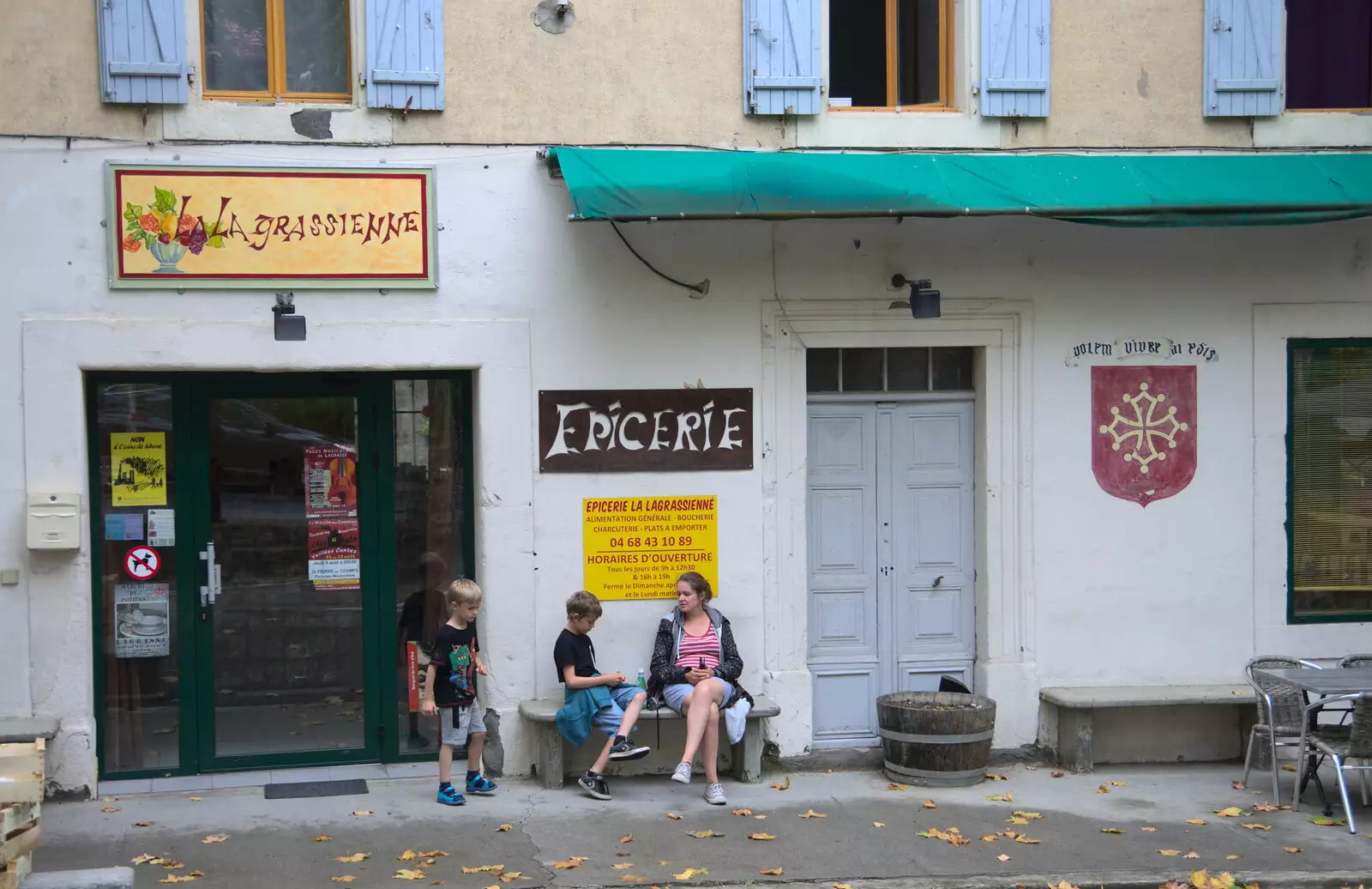 Hanging around outside an Epicerie, from Abbaye Sainte-Marie de Lagrasse and The Lac de la Cavayère, Aude, France - 10th August