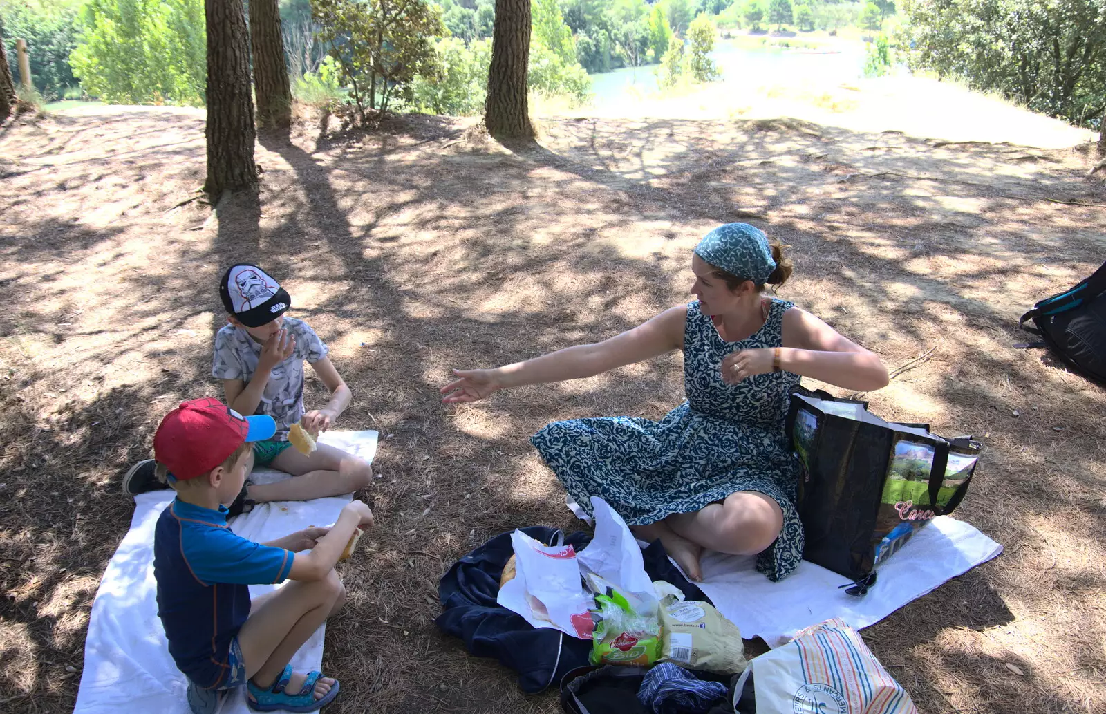 When it gets too hot, we retire to the woods for a picnic, from Abbaye Sainte-Marie de Lagrasse and The Lac de la Cavayère, Aude, France - 10th August