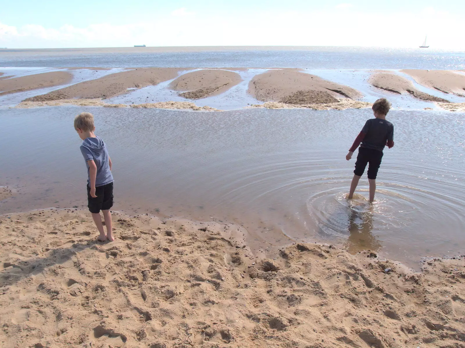 The boys paddle in a lagoon, from A Day on the Beach, Southwold, Suffolk - 25th August 2018