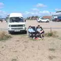 Isobel and Evelyn drink tea in front of the van, A Day on the Beach, Southwold, Suffolk - 25th August 2018