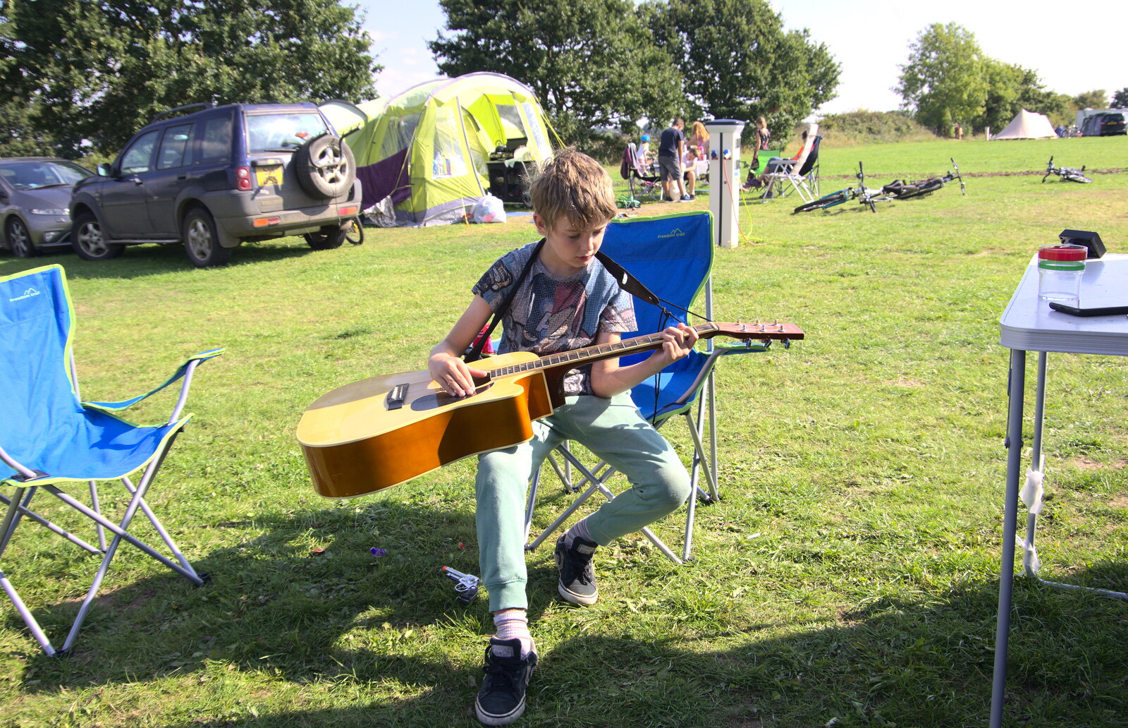 The next morning, Fred plays some guitar from A Spot of Camping, Alton Water, Stutton, Suffolk - 1st September 2018