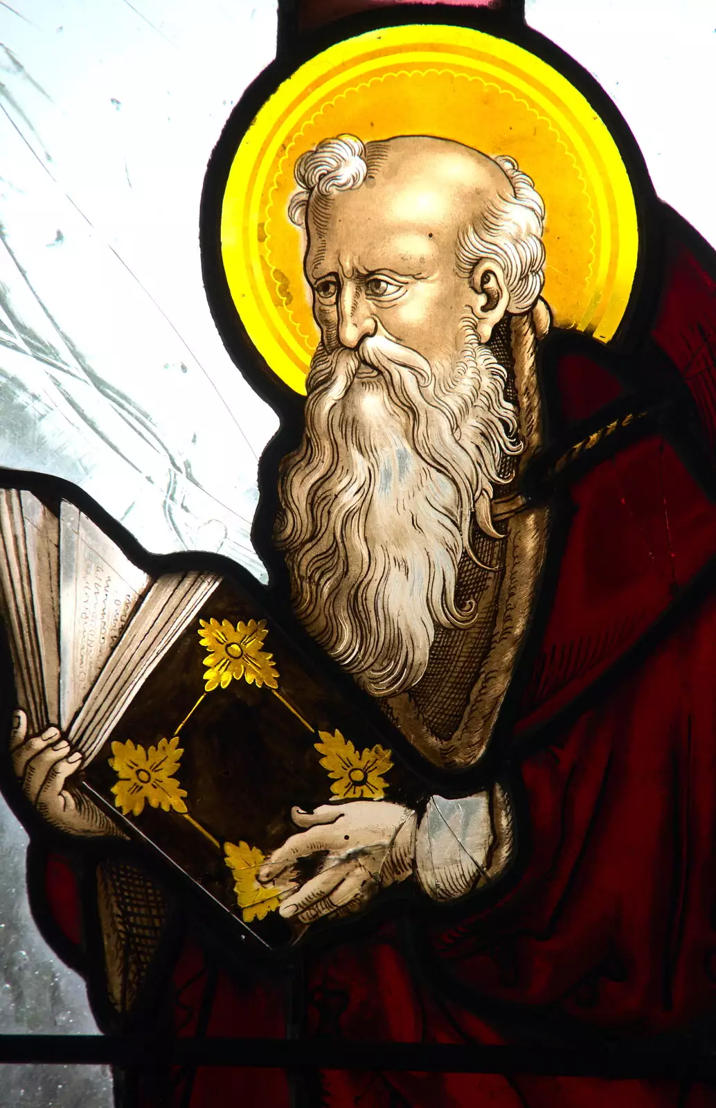 Bearded dude with a book, in stained glass, from A Day at Warwick Castle, Warwickshire - 8th September 2018