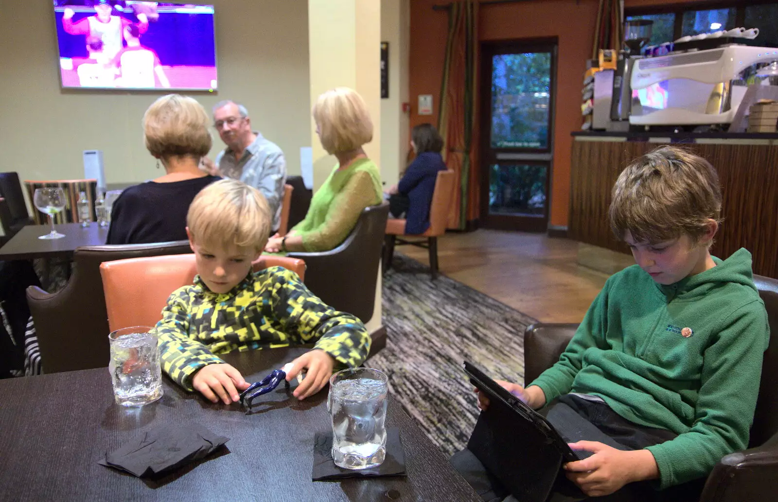 The boys do devices in the bar, from A Day at Warwick Castle, Warwickshire - 8th September 2018