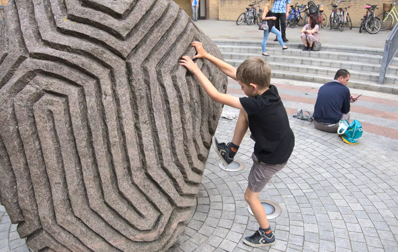 Fred climbs on a sculpture outside Carluccio's, from The Retro Computer Festival, Centre For Computing History, Cambridge - 15th September 2018