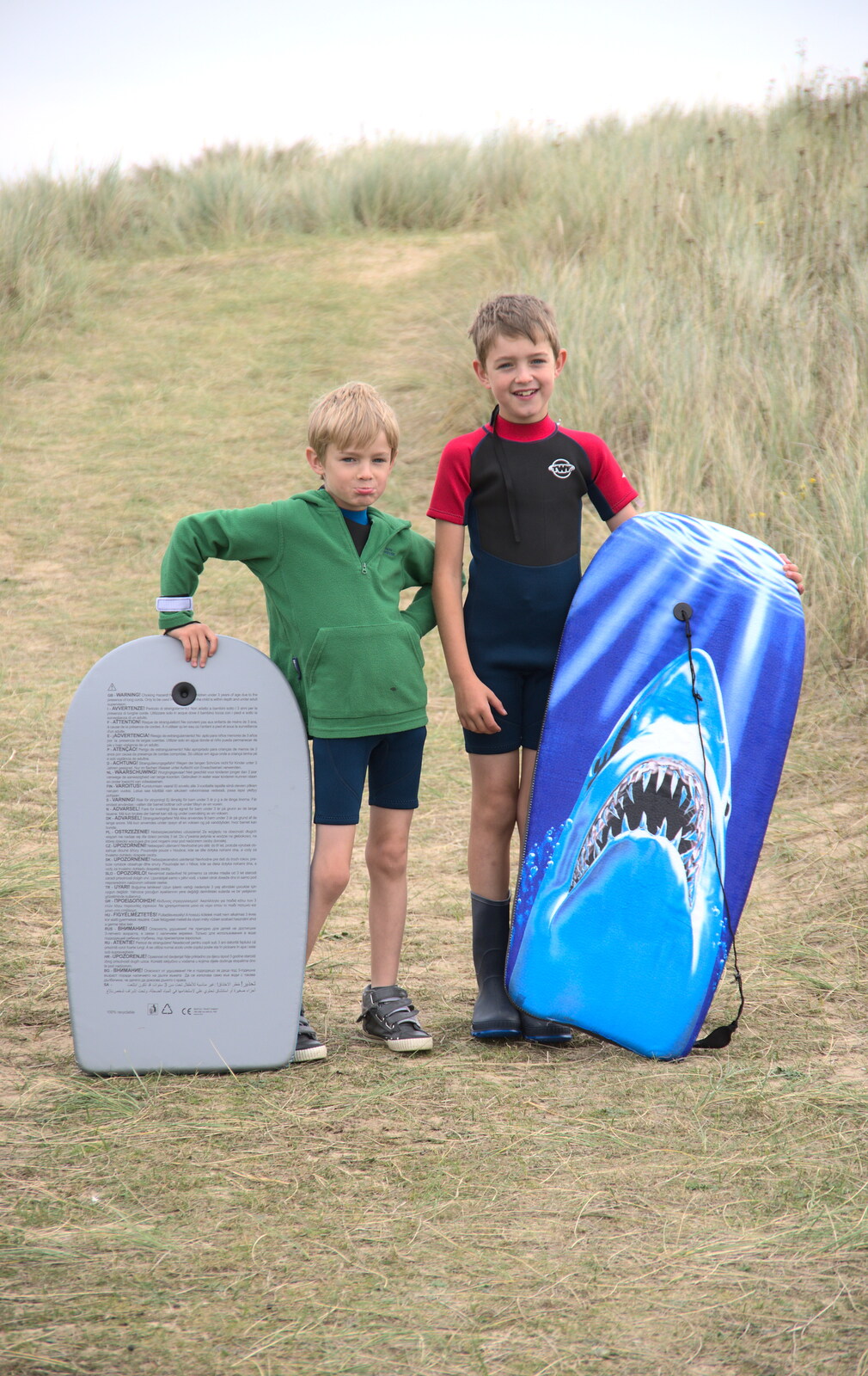 Harry and Fred pose in their Tesco wetsuits  from An Optimistic Camping Weekend, Waxham Sands, Norfolk - 22nd September 2018