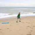 Harry drags his board around, An Optimistic Camping Weekend, Waxham Sands, Norfolk - 22nd September 2018