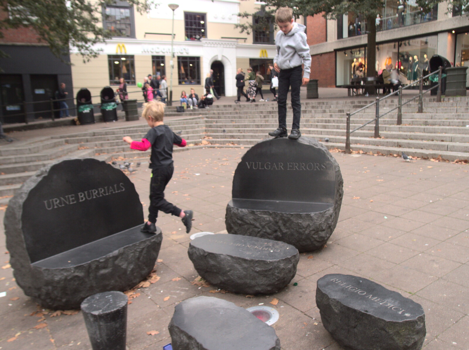 The boys run around on sculptures in the Haymarket from A Miscellany, Norwich , Norfolk - 30th September 2018