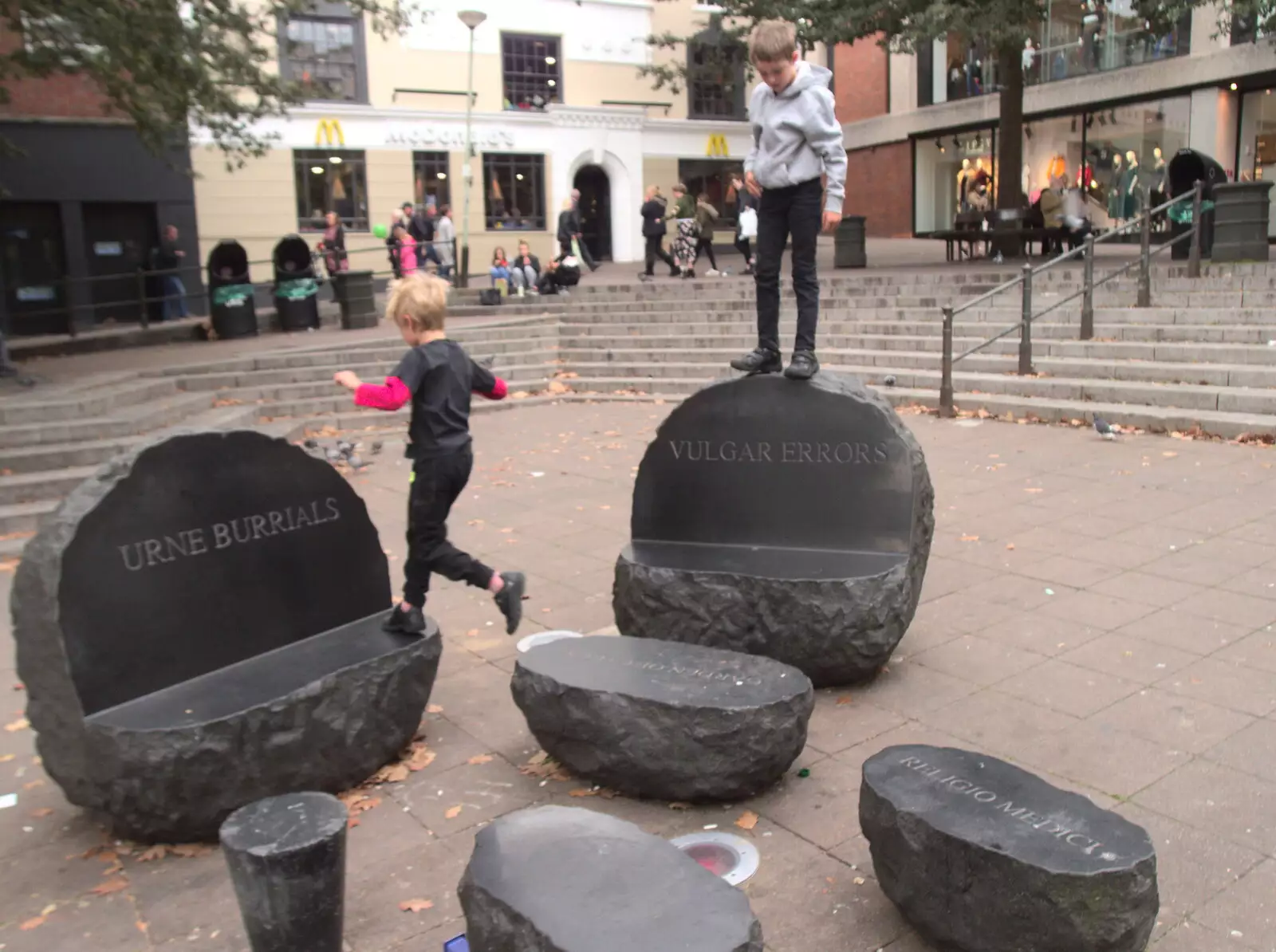 The boys run around on sculptures in the Haymarket, from A Miscellany, Norwich , Norfolk - 30th September 2018