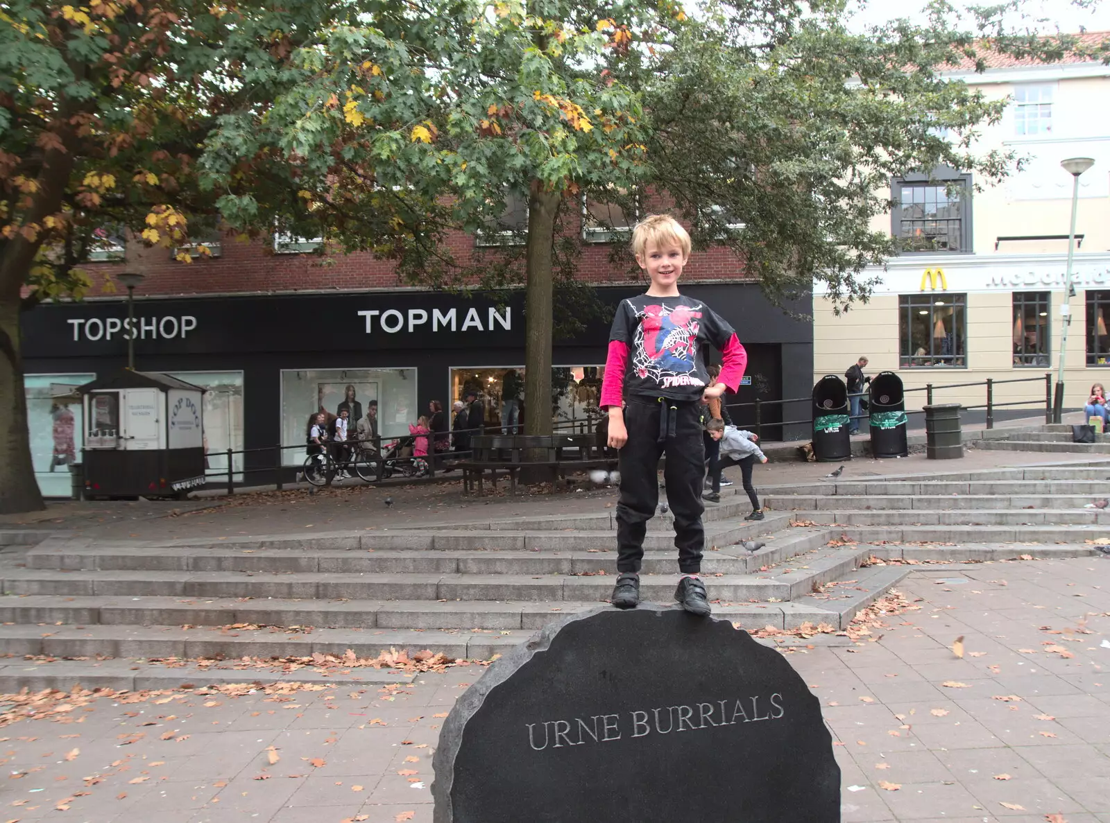 Harry stands on a sculpture in the Haymarket, from A Miscellany, Norwich , Norfolk - 30th September 2018