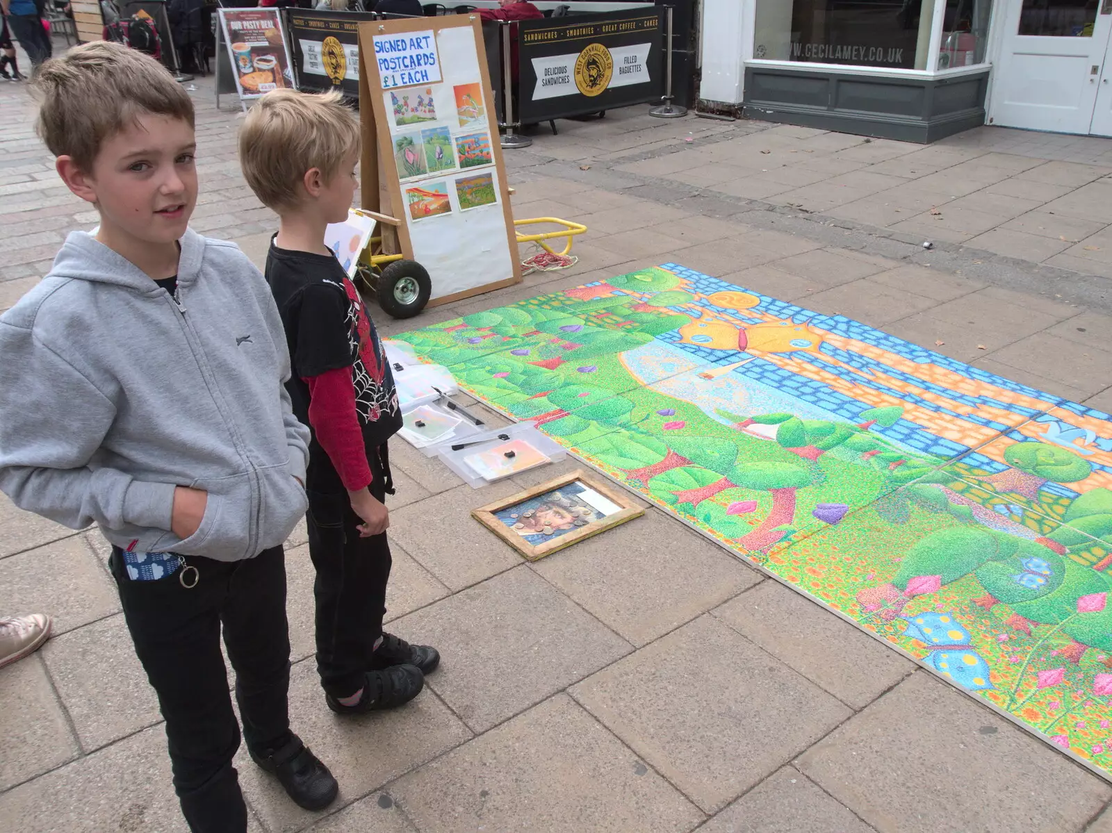 The boys watch some dude do pointilist pavement art, from A Miscellany, Norwich , Norfolk - 30th September 2018