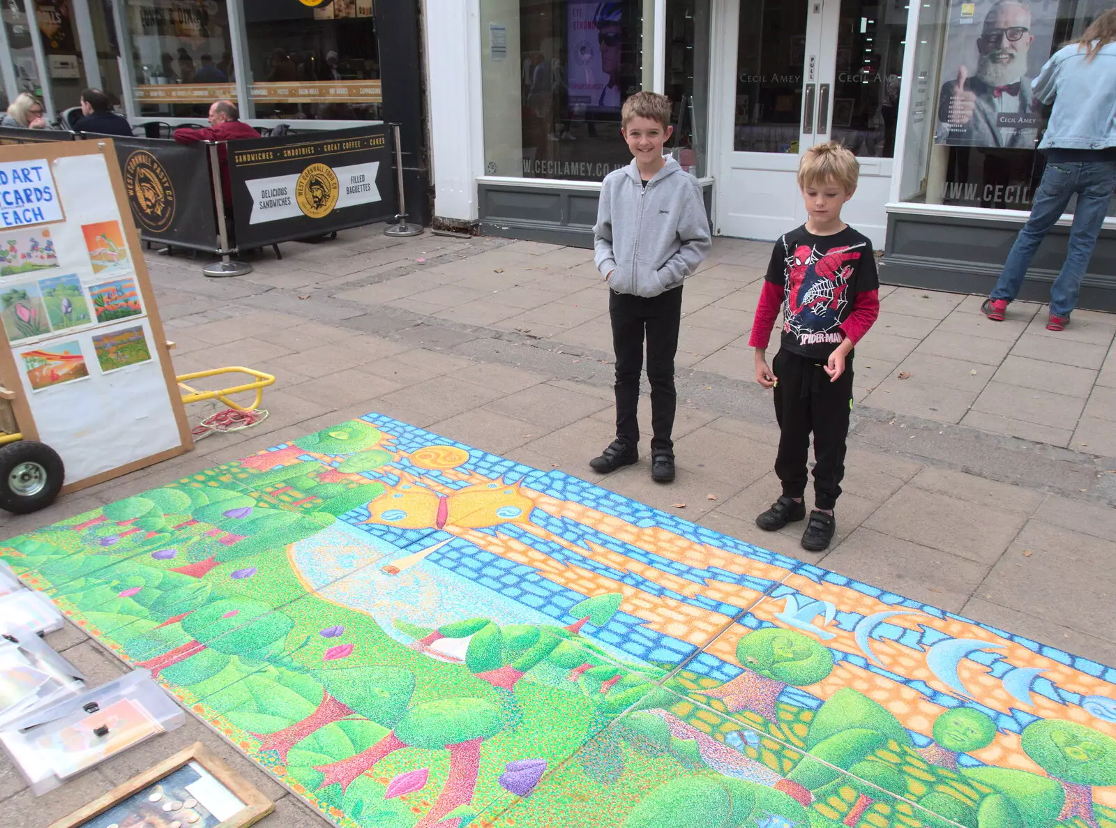 Harry points to the pavement picture, from A Miscellany, Norwich , Norfolk - 30th September 2018