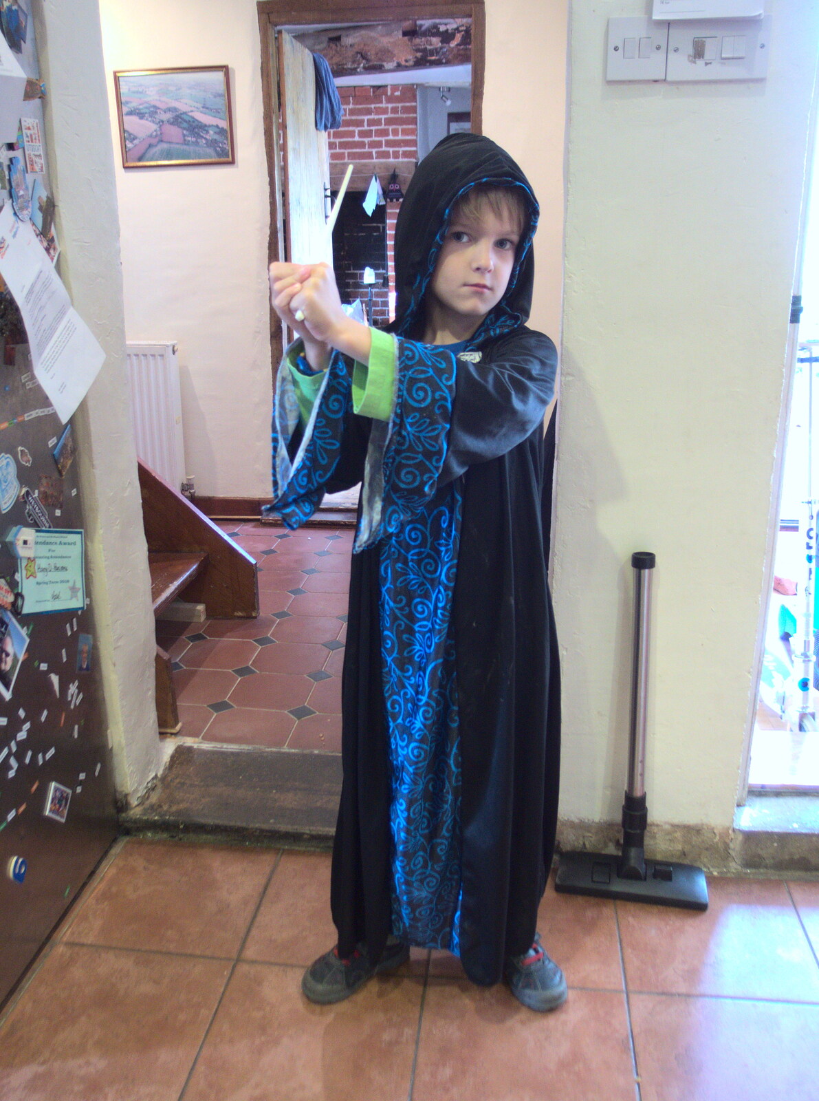 Harry models his wizard costume, with chopstick wand from Evidence of Autumn: Geocaching on Knettishall Heath, Suffolk - 7th October 2018