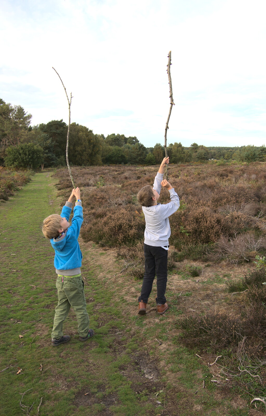 Both the boys have sticks from Evidence of Autumn: Geocaching on Knettishall Heath, Suffolk - 7th October 2018