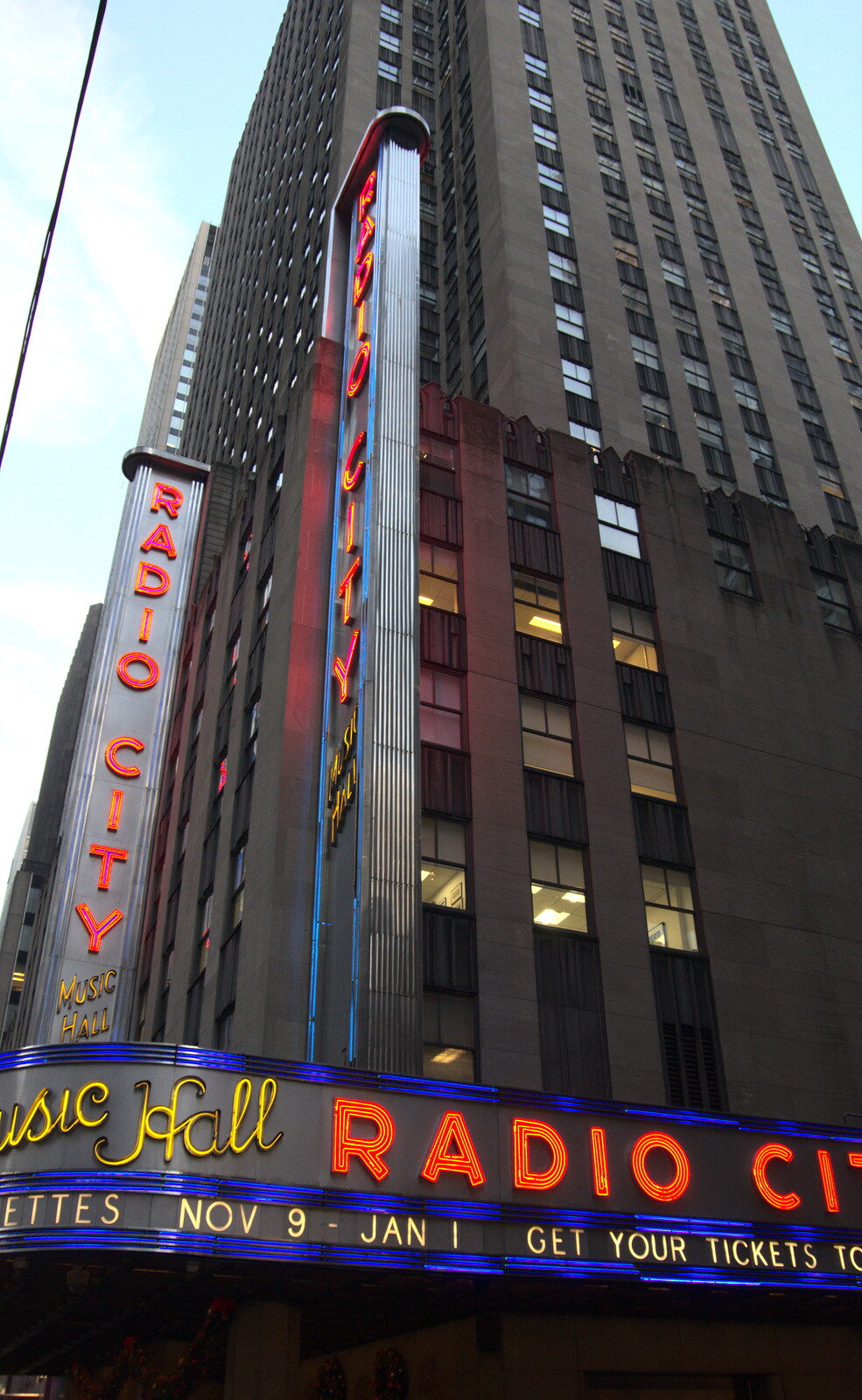 Radio City's neon lights from Open-top Buses and a Day at the Museum, New York, United States - 22nd October 2018
