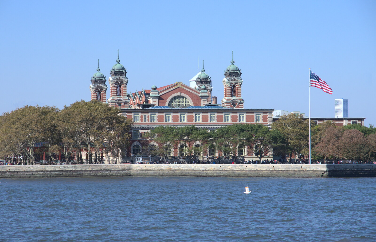 Ellis Island from The Liberty Cruise and One World Trade Center, New York, United States - 23rd October 2018